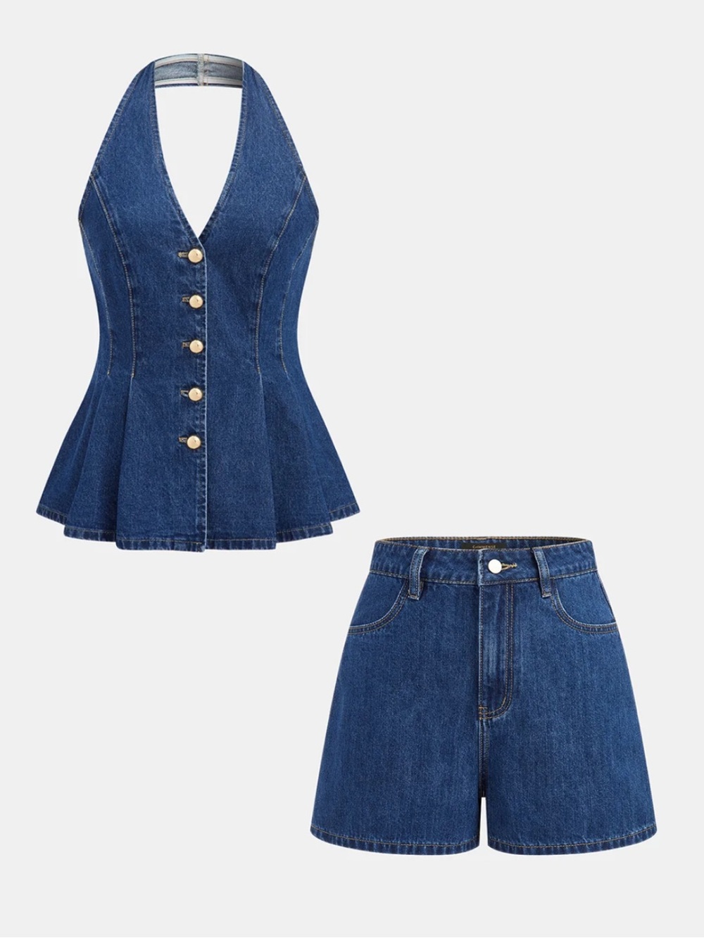 Commense Blue Denim Halter Vest & High-Rise Shorts Set M